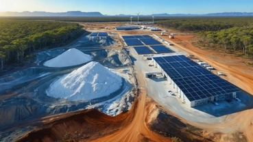 Large industrial site with mineral stockpiles and on-site solar power
