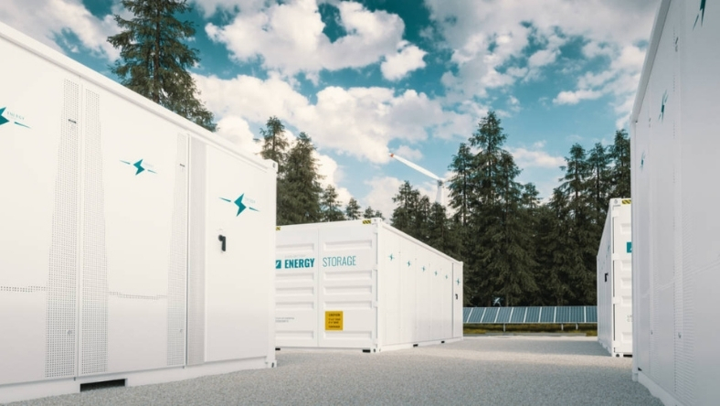 Grid-scale battery energy storage units installed at an outdoor power facility